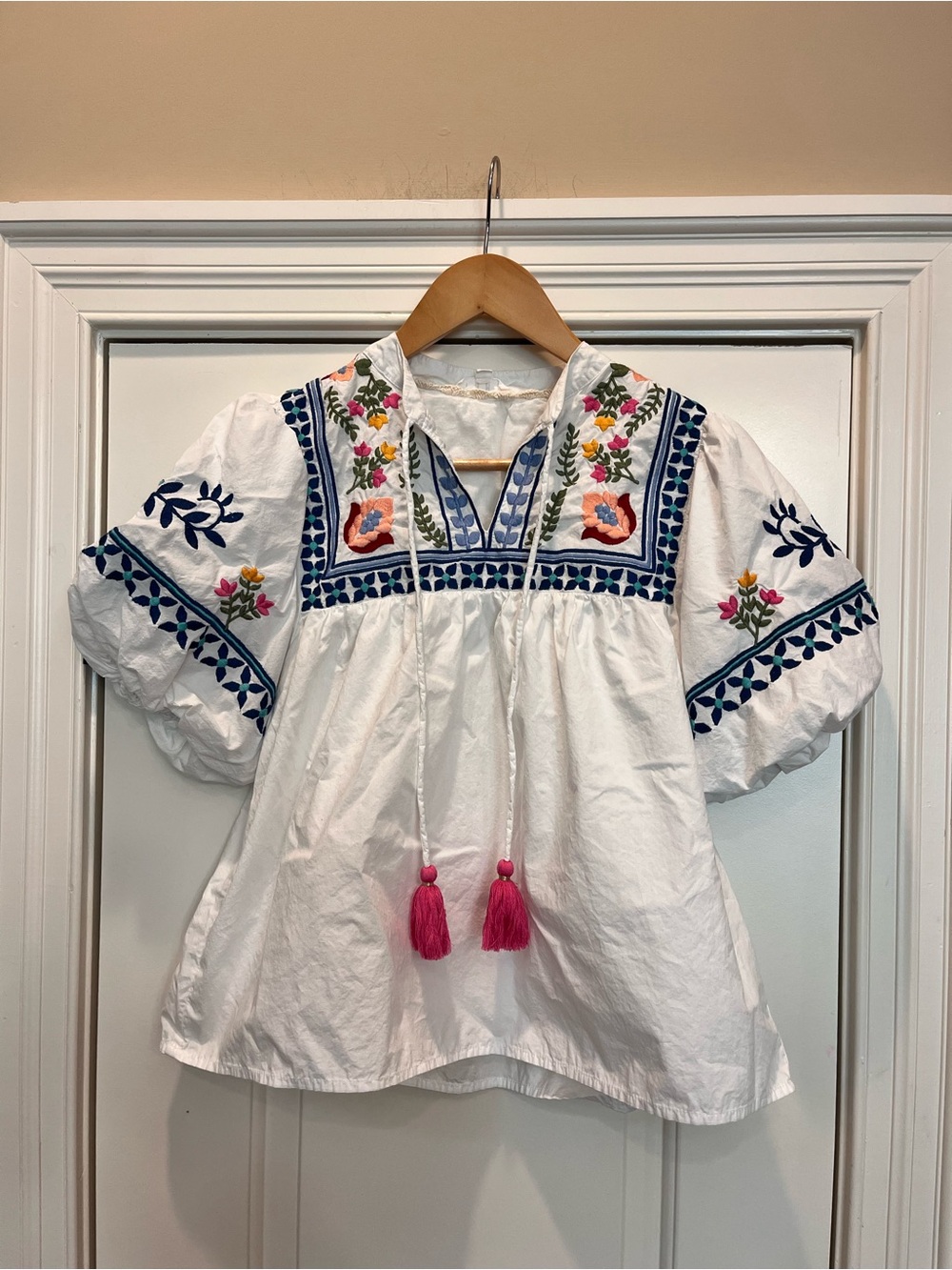THML White Embroidered Peasant Blouse/Multicolor Floral Accents/ Pink Tassel